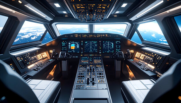 Modern aircraft cockpit interior with advanced control panel displays and technology