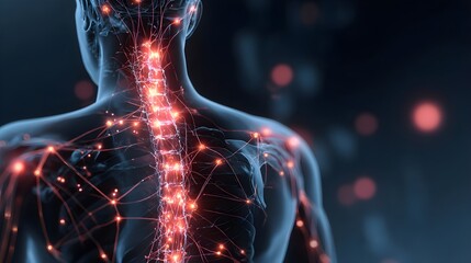 Human body with glowing red pain points on neural pathways illustrating pain or nerve stimulation, set against a dark blue 