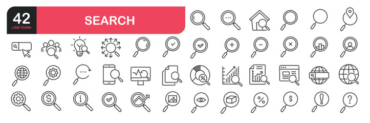 Set of line icons related to search, magnifying glass, research, zoom. Outline icons collection. Editable stroke. Vector illustration
