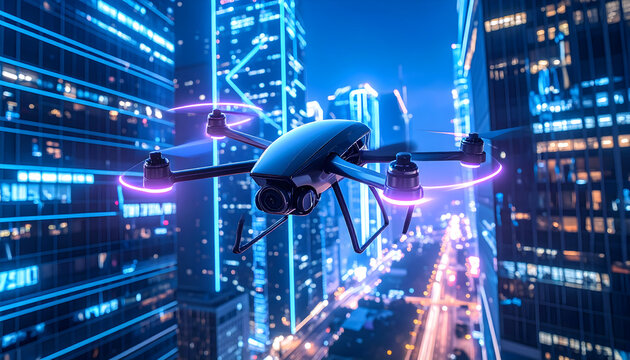 Drone flying in urban cityscape at night amidst skyscrapers and neon lights