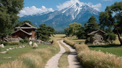 Fototapeta premium Ancient Chinese Village Scene: Winding Path to Mountains, Green Rice Fields, Pampas Grass, Wooden Houses, and Sunsetting Mountain Range