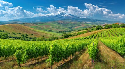 Fototapeta premium Lush vineyard landscape with rolling hills and a snow-capped mountain.