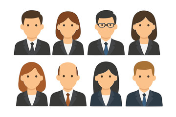 Business people avatar icons set. Vector flat design characters of men and women. Office employee and manager profile pictures for corporate use. Human faces collection.