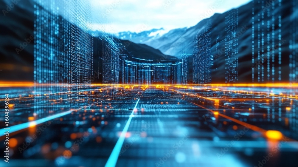 Poster futuristic digital grid with big data visualization and stream processing in cyber landscape design