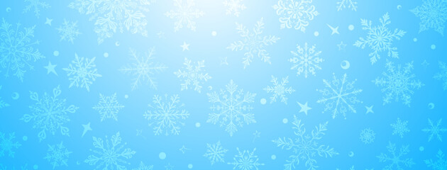 A vibrant Christmas illustration featuring intricate snowflakes in various sizes and designs, interspersed with stars and circular elements, in light blue tones.