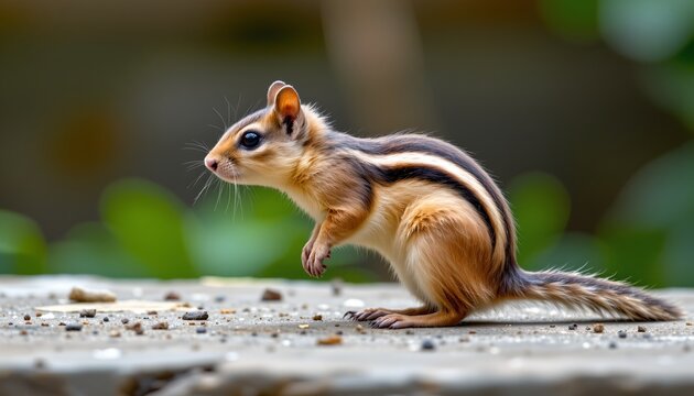 a squirrel standing upright on what appears to be a stone ledge outdoors. the squirrel is looking downward and has its front paws slightly extended forward in an alert posture