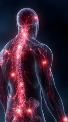 Human body with glowing red pain points on neural pathways illustrating pain or nerve stimulation, set against a dark blue 
