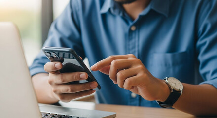 Person using a smartphone and laptop for work or study