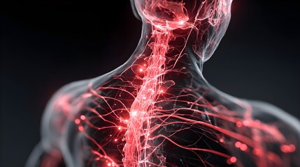 Human body with glowing red pain points on neural pathways illustrating pain or nerve stimulation, set against a dark blue 