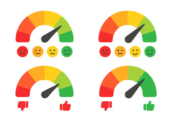 Customer satisfaction meter icon set. Feedback emoji scale from red to green. Gauge concept of performance, survey, review, and rating. Quality measurement symbol. Thumbs up.