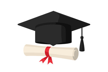 Black graduation cap with tassel and diploma scroll with red ribbon. University graduate hat for degree ceremony. Education, achievement, and success concept vector illustration.