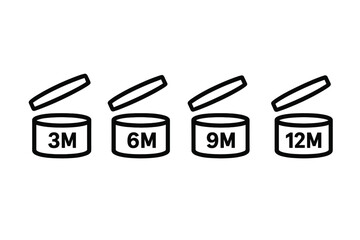 PAO symbol set. Period after opening icons. Cosmetics expiration date signs. 3, 6, 9, 12 months shelf life. Skincare package label. Vector illustration isolated.