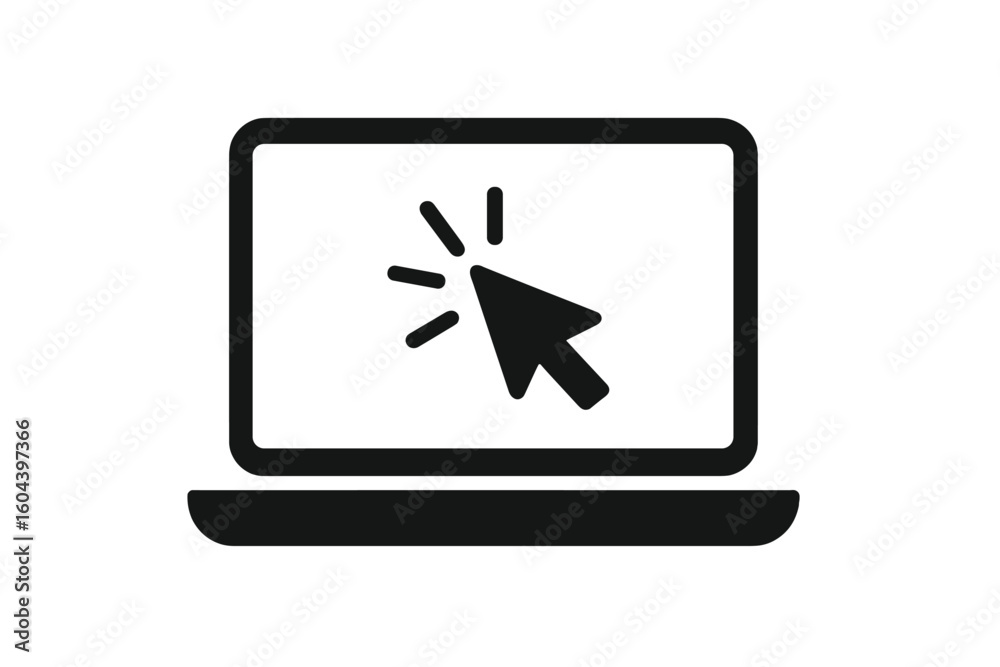 Poster laptop click icon vector. computer cursor pointer on screen. online communication symbol. chatbot, a