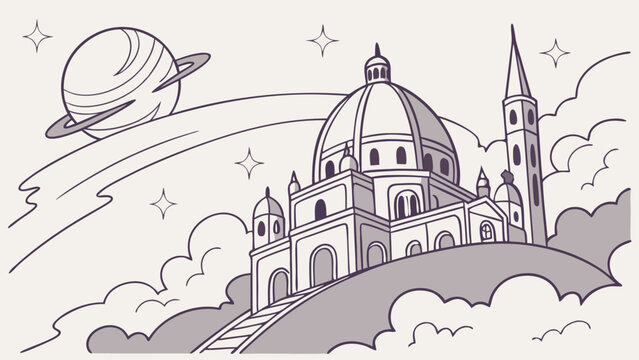 Line art illustration of a majestic domed building on a cloud-covered hill with a ringed planet and stars in the celestial background.