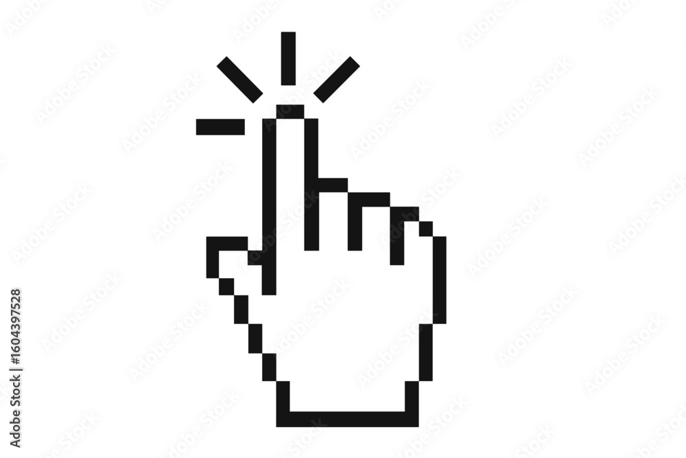 Poster Pixel Hand Cursor Clicking Icon. Computer Mouse Pointer Symbol. Retro Pixelated Hand with Extended Index Finger Clicking. Web Navigation Click Gesture. 8-Bit Style Vector Isolated Illustration