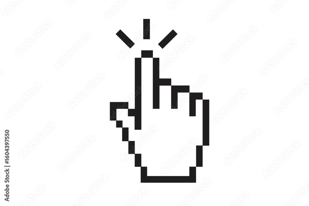 Poster Pixel hand cursor clicking icon. Computer mouse pointer symbol for website UI. Digital click for button, link, or selection. Vector graphic for web design and user interface.
