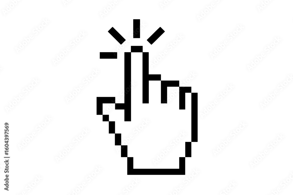 Poster Pixel hand cursor clicking icon. Computer mouse pointer symbol for web and app interface design. Digital finger pressing a button or link. Vector graphic element isolated.