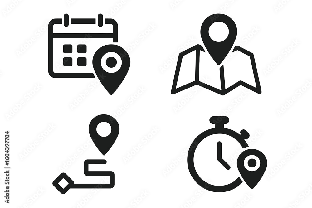Poster Date, time, and location pointer icon set. Calendar with pin, map with destination point, route navigation, and timer with place marker. Vector icons for address and events.