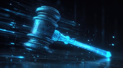 A digital, glowing blue gavel symbolizing law, justice, and legal technology on a dark background with dynamic light trails.
