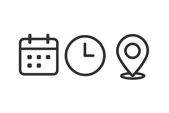 Date, time, and location icon set. Vector symbols for calendar, clock, and address pin. Simple outline art for web, app, and print. Meeting and event schedule concept.