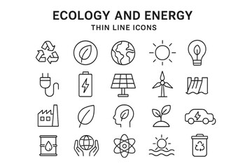 Ecology and energy thin line icon set. Vector collection of green power, sustainability, and environment symbols. Renewable sources like solar panel, wind turbine, and leaf.