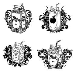 Set of elegant black and white floral ornaments featuring stylized apple juice boxes for engraving, stencil, or decorative printing