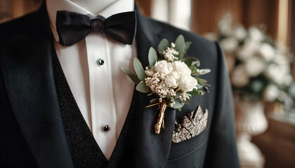 Groom wears black tuxedo with bow tie. Boutonniere of white flowers decorates suit. Classic male attire, wedding fashion
