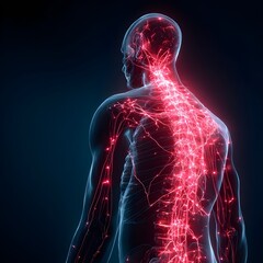 Human body with glowing red pain points on neural pathways illustrating pain or nerve stimulation, set against a dark blue 