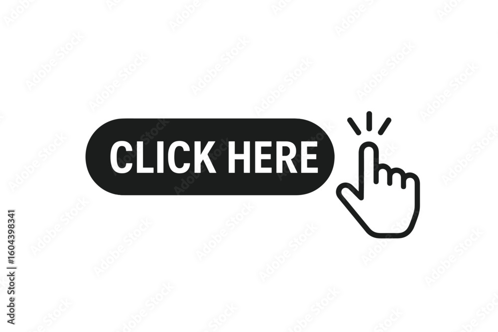 Poster Click here button with a hand pointer cursor icon. Modern web element for user interface design. Call to action concept for a website. Vector illustration isolated on white.