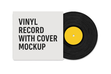 Vinyl record with cover mockup. Music album sleeve template. Retro long play LP design element. Vintage sound carrier disc isolated on white background for audio branding.