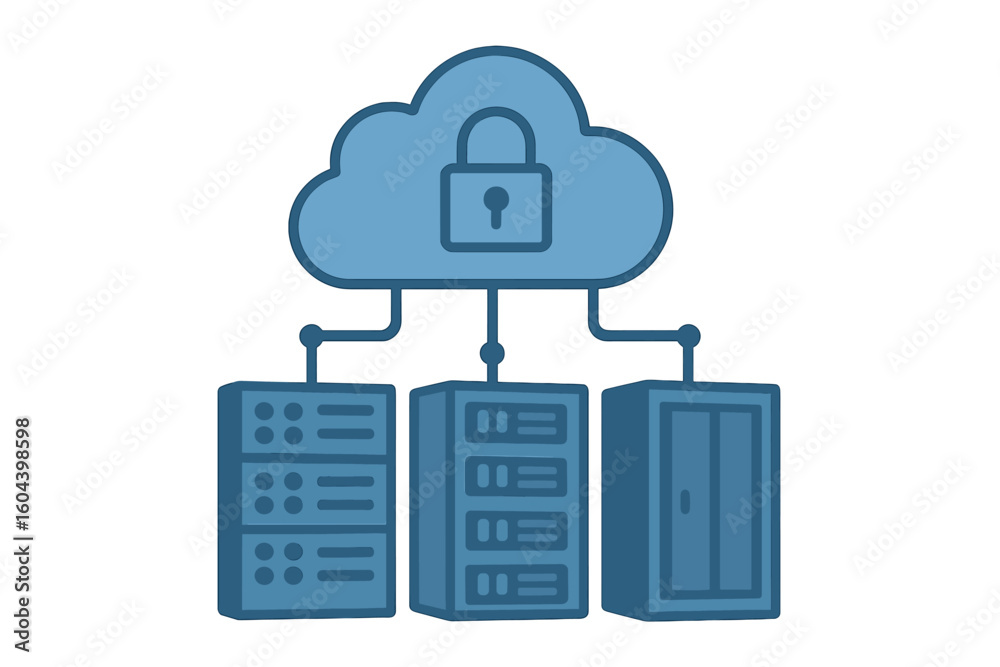 Poster data hosting servers connected to secure cloud. cloud data storage & network technology. online clou