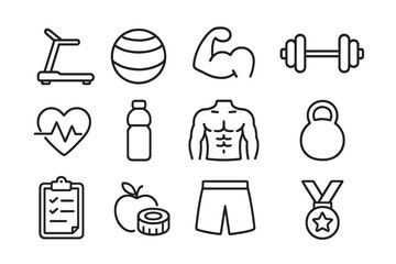 Gym and fitness line icon set for web and mobile app. Healthy lifestyle, exercise, diet, nutrition, weight training, bodybuilding, workout, sport equipment symbols. Vector.