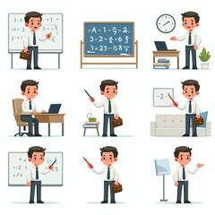 image of a teacher teaching mathematics with a simple and minimalist flat design using a white background