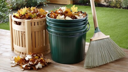 Colorful autumn leaves collected in a green canister and trash bin with a wooden rake set in a vibrant garden