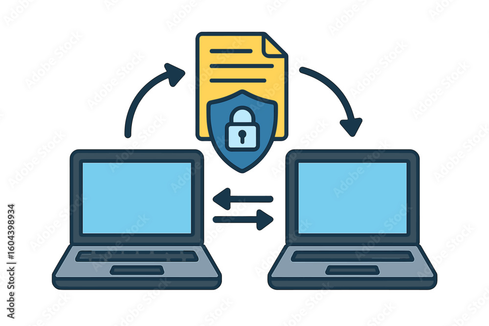 Poster secure file transfer concept. data exchange between two laptops. protected document sharing and tran