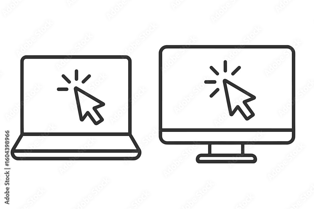 Fototapete Laptop and computer monitor line icon set with click cursor. Pointer arrow on screen for web design, UI, UX. Digital concept, touch here symbol, link selection for website.