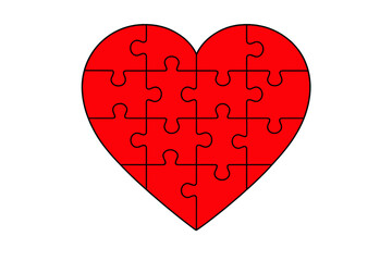 Red heart made of jigsaw puzzle pieces. Vector illustration of love, romance and relationship concept. Teamwork, connection and solution metaphor. Charity and donation symbol.