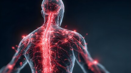 Human body with glowing red pain points on neural pathways illustrating pain or nerve stimulation, set against a dark blue 