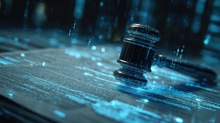 A digital gavel floats above a futuristic surface, symbolizing law and justice in the age of technology and cyber governance.