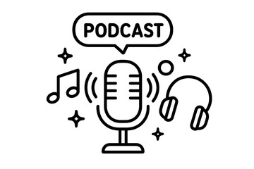 Podcast microphone icon for radio show, webinar, or audio blog. Live streaming and online training concept. Vector logo with headphones, music note, and sound wave.