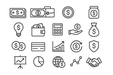 Business and finance thin line icon set. Money, investment, payment, and banking concepts. Vector collection for economy, profit, savings, and financial analytics design.