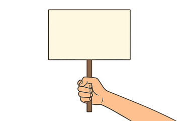 Hand holding blank sign for protest or announcement. Man holding empty placard for demonstration message. Concept for rally, picket, strike, advertising, copy space vector.