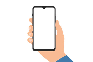 Hand holding smartphone with blank white screen for mockup. Mobile phone display for application UI/UX design. Vector illustration isolated on white background. Flat design style.