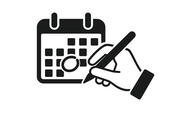 Hand marking date on calendar with a pen. Concept of schedule, planning, deadline, and event reminder. Time management and important appointment vector icon for business.