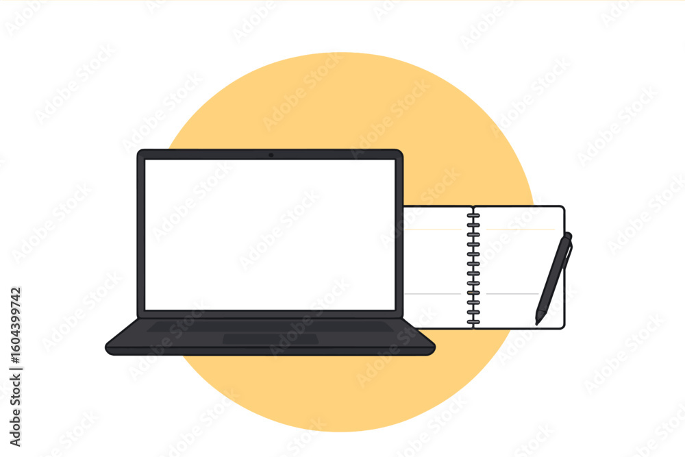 Poster laptop computer and notebook vector mockup. front view of a device with a blank white screen for cop
