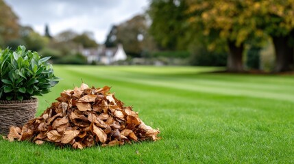Brightly colored autumn leaves are gathered in a large pile on soft grass in a park, highlighting the beauty of fall and the need for seasonal yard work.