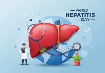 World hepatitis day awareness a stylized illustration of a human liver encircled by a stethoscope and globe promoting health