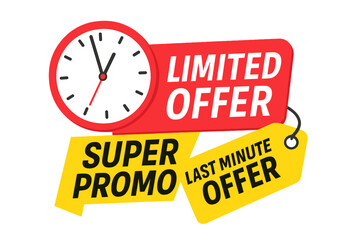 Limited time offer promotion banner with clock. Super promo countdown for exclusive deal. Last minute sale and price tag timer. Special discount vector illustration for marketing.