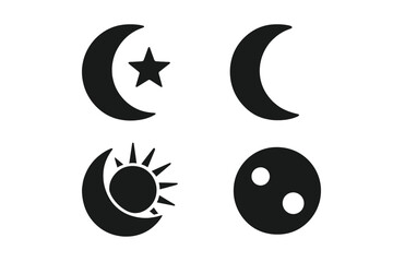 Celestial icon set featuring moon, sun, and star symbols. Minimalist black silhouette vector collection for astronomy and astrology. Includes crescent moon, solar eclipse, and planet.