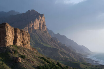 breathtaking view of coastal cliff in afghanistan dramatically illuminated by storm clouds overhead